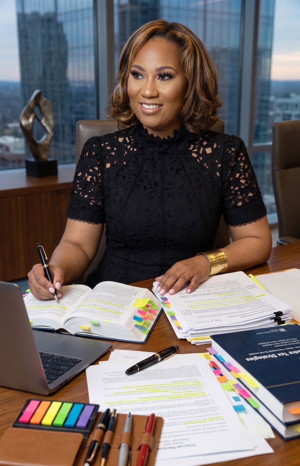 Lorra Brown reviewing tax strategy documents