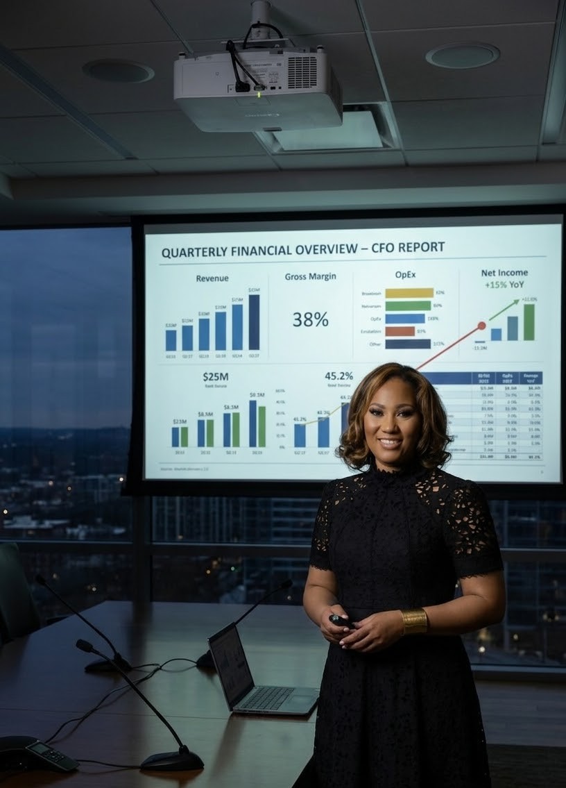 Lorra Brown presenting a quarterly financial overview